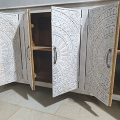 Indian Hand Carved Solid Wood Sideboard Whitewash C35