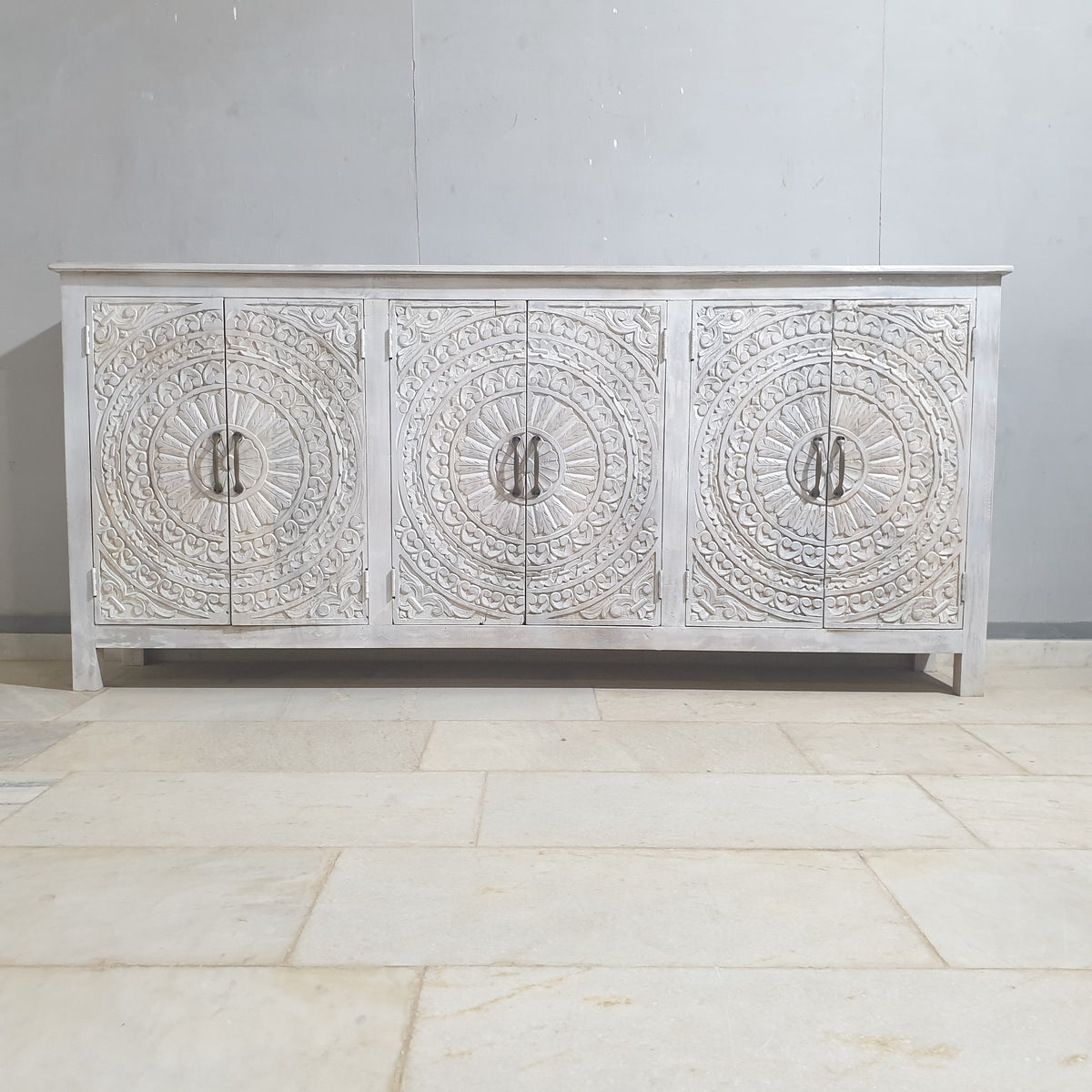 Indian Hand Carved Solid Wood Sideboard Whitewash C35