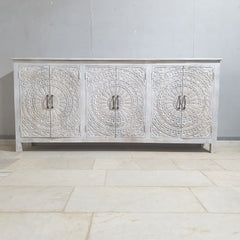 Indian Hand Carved Solid Wood Sideboard Whitewash C35