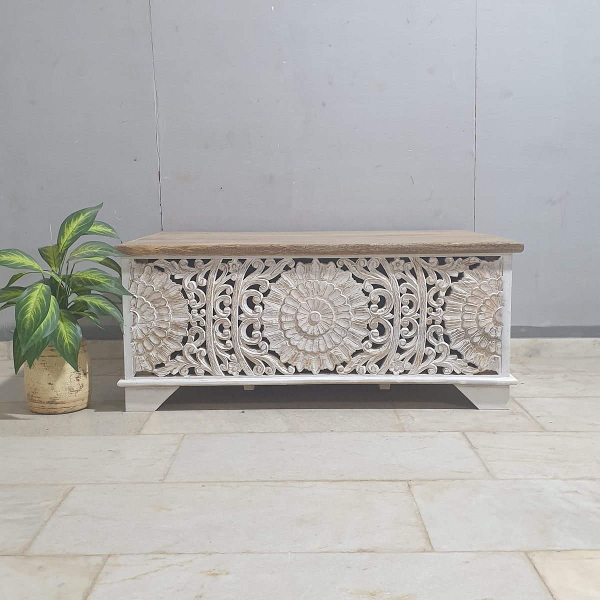 Jali Hand Carved Solid Wood Blanket Box Rustic C24