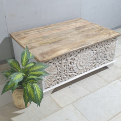 Jali Hand Carved Solid Wood Blanket Box Rustic C24