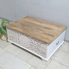 Jali Hand Carved Solid Wood Blanket Box Rustic C24