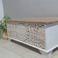 Jali Hand Carved Solid Wood Blanket Box Rustic C24