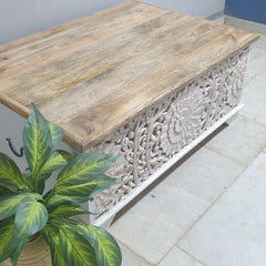 Jali Hand Carved Solid Wood Blanket Box Rustic C24