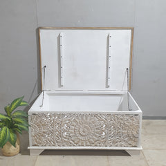 Jali Hand Carved Solid Wood Blanket Box Rustic C24