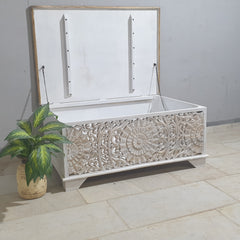 Jali Hand Carved Solid Wood Blanket Box Rustic C24