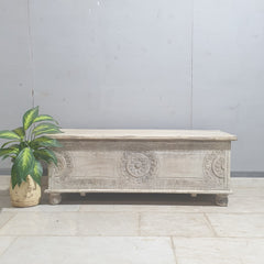 Indian Hand Carved Solid Wood Blanket Box Rustic C23