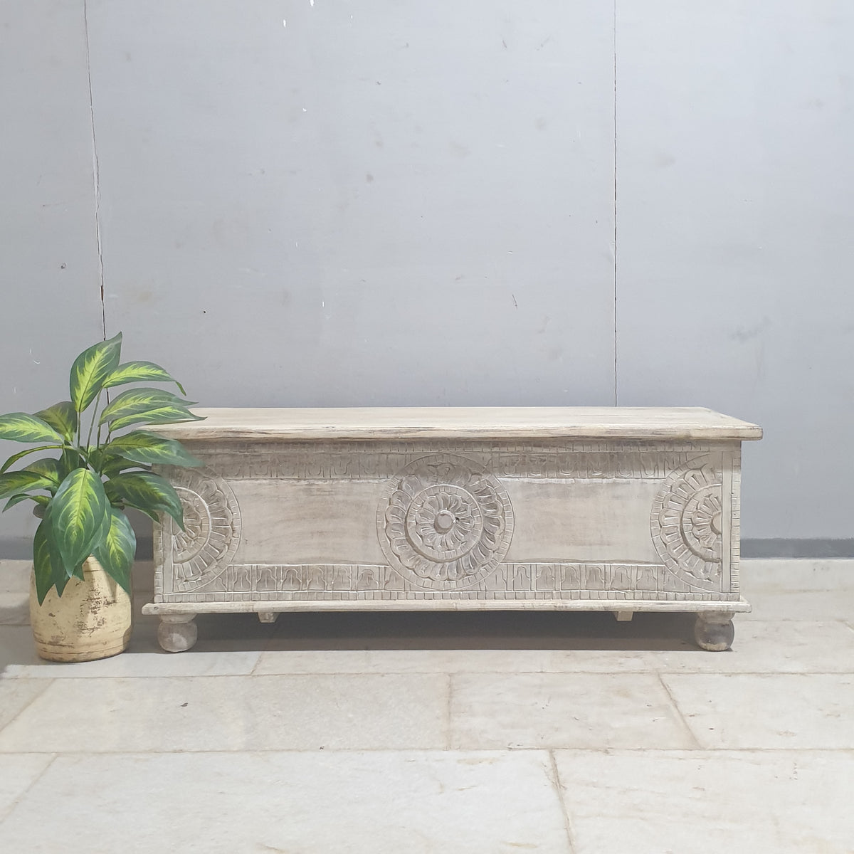 Indian Hand Carved Solid Wood Blanket Box Rustic C23