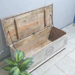 Indian Hand Carved Solid Wood Blanket Box Rustic C23