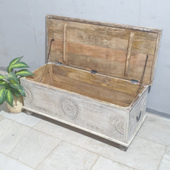 Indian Hand Carved Solid Wood Blanket Box Rustic C23