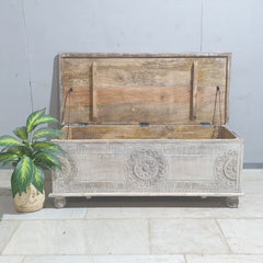 Indian Hand Carved Solid Wood Blanket Box Rustic C23