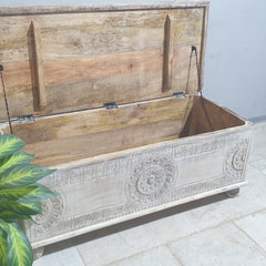 Indian Hand Carved Solid Wood Blanket Box Rustic C23