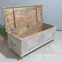 Indian Hand Carved Solid Wood Blanket Box Rustic C23