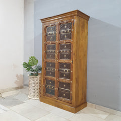 Brass Work Solid Mango Wood Indian Hand Carved Wardrobe Cabinet Almirah Brasswork 100x45x175cm  -  