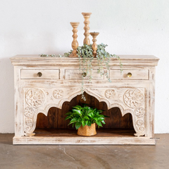 Pine Grove Handmade Mehrab Mango Wood Carved 3 Drawers Console Hall Table Distressed White Washed