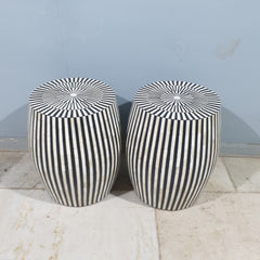 Bone Inlay Handmade Indian Furniture Side Tables Set of 2 in White and Black