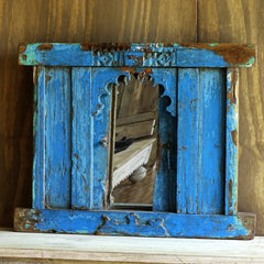 Carved Oasis Handcarved Vintage Old Wood Mirror Frame Antique Blue