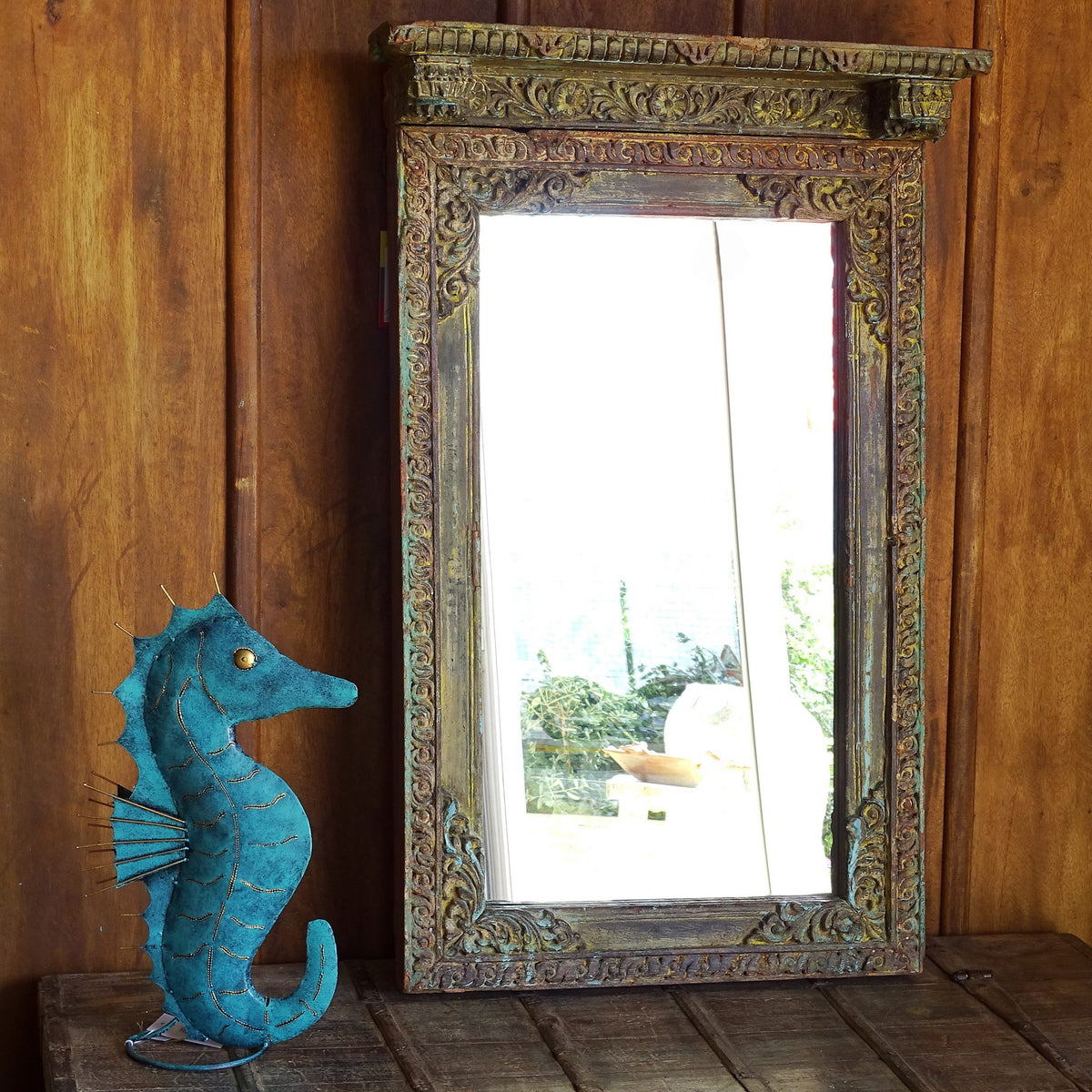 Carved Oasis Handcarved Solid Mango Wood Mehrab Style Mirror Frame Antique