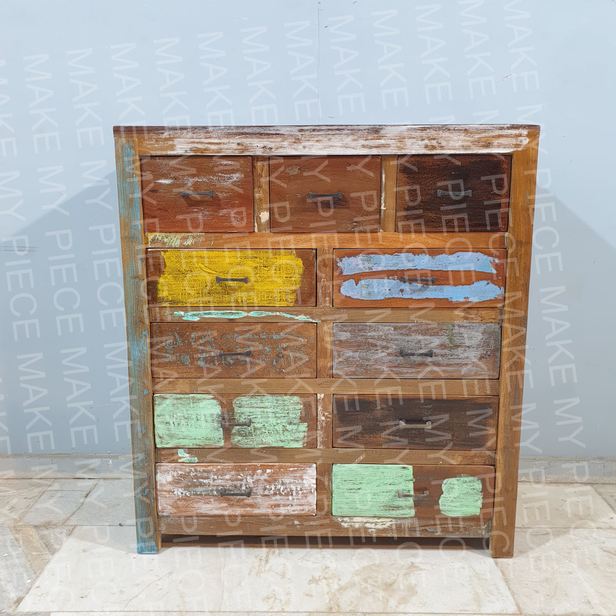 SHAIL Nirvana Reclaimed timber Dresser Tallboy Chest of 11 Drawers Multicolour