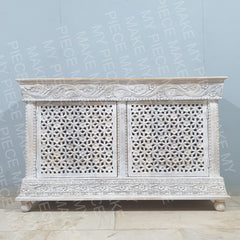 LOUISE Kalah Hand Carved Solid Wooden Sideboard Buffet Whitewash