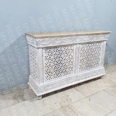 LOUISE Kalah Hand Carved Solid Wooden Sideboard Buffet Whitewash