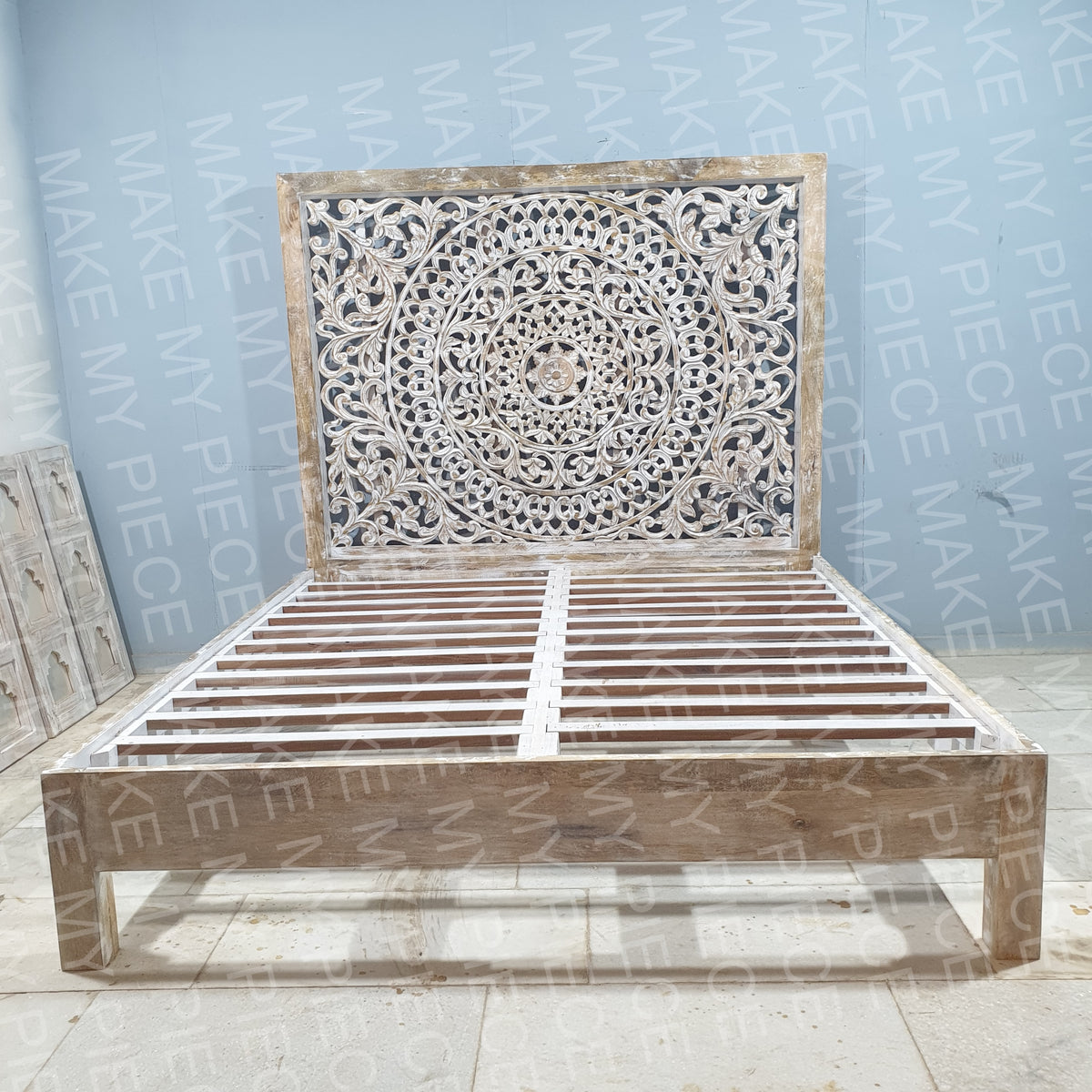 BIANCA Dynasty Hand Carved Solid Wood Bed King Mattress Whitewash