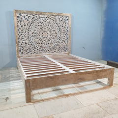 Handmade Indian Furniture Solid Mango Wood King Sized Bed Frame With Bed Head