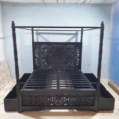 SANDY Dynasty Hand Carved Indian Wooden king Size Bed With 4 Storage Drawers Bed Frame Black