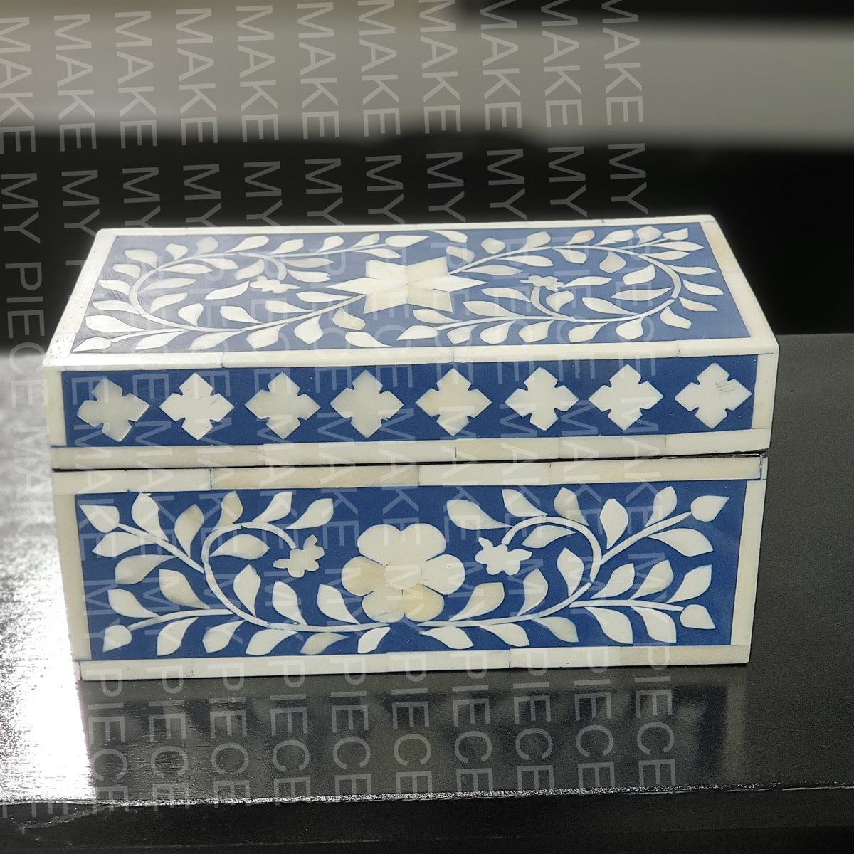 KRISTIN Bone Inlay Chest Box Blue Floral Pattern 20x10x10cm