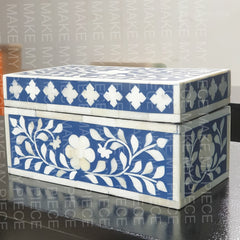 KRISTIN Bone Inlay Chest Box Blue Floral Pattern 20x10x10cm