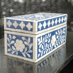 KRISTIN Bone Inlay Chest Box Blue Floral Pattern 20x10x10cm