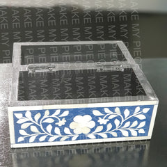 KRISTIN Bone Inlay Chest Box Blue Floral Pattern 20x10x10cm