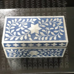 KRISTIN Bone Inlay Chest Box Blue Floral Pattern 20x10x10cm