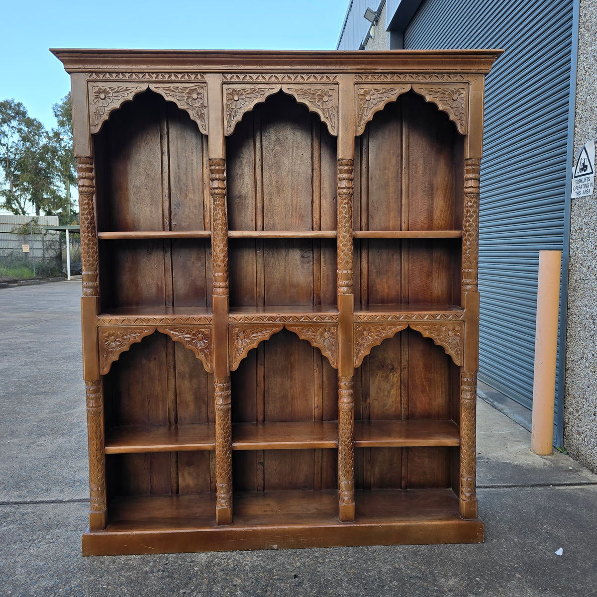 Antique Indian Hand Carved Wooden Mehrab Carvings Bookshelf Brown 170x38x195cm