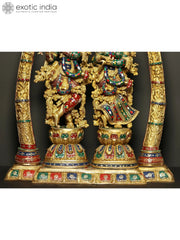 Indian Lord Radha Krishna with Arch Showing Krishna Leela Brass Statue With Inlay Work
