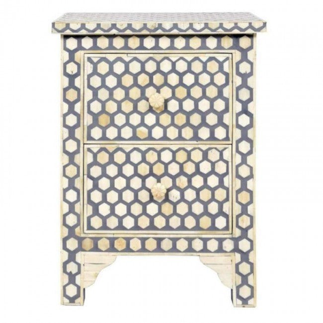 Maaya Bone Inlay Bedside Cabinet Table Grey Honeycomb