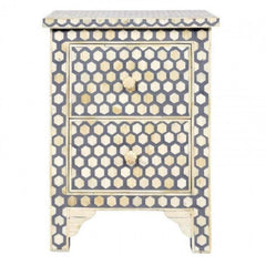 Maaya Bone Inlay Bedside Cabinet Table Grey Honeycomb