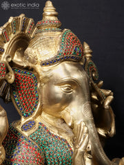 Indian Lord Ganesha Handmade Brass Statue With Stone Work