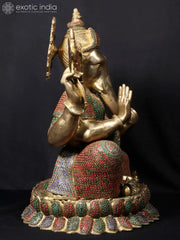Indian Lord Ganesha Handmade Brass Statue With Stone Work