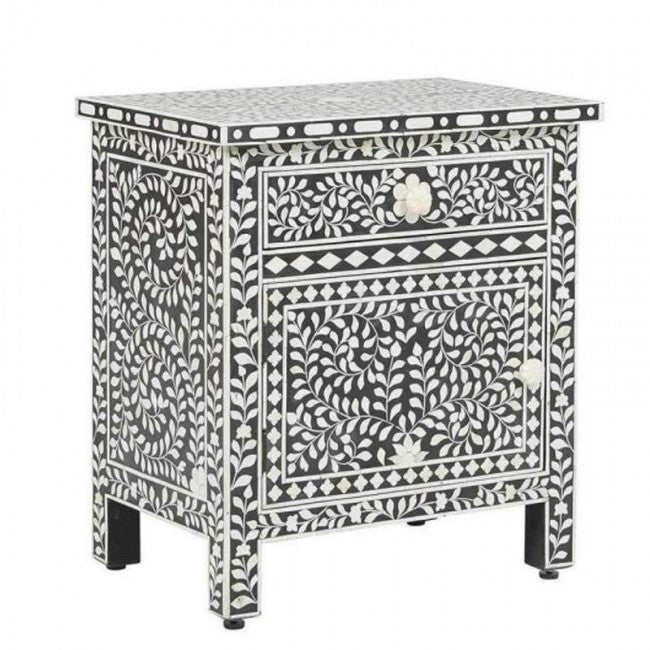 Maaya Bone Inlay Bedside Cabinet Table Black Floral