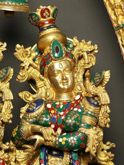 Indian Lord Radha Krishna with Arch Showing Krishna Leela Brass Statue With Inlay Work