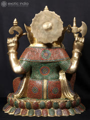 Indian Lord Ganesha Handmade Brass Statue With Stone Work