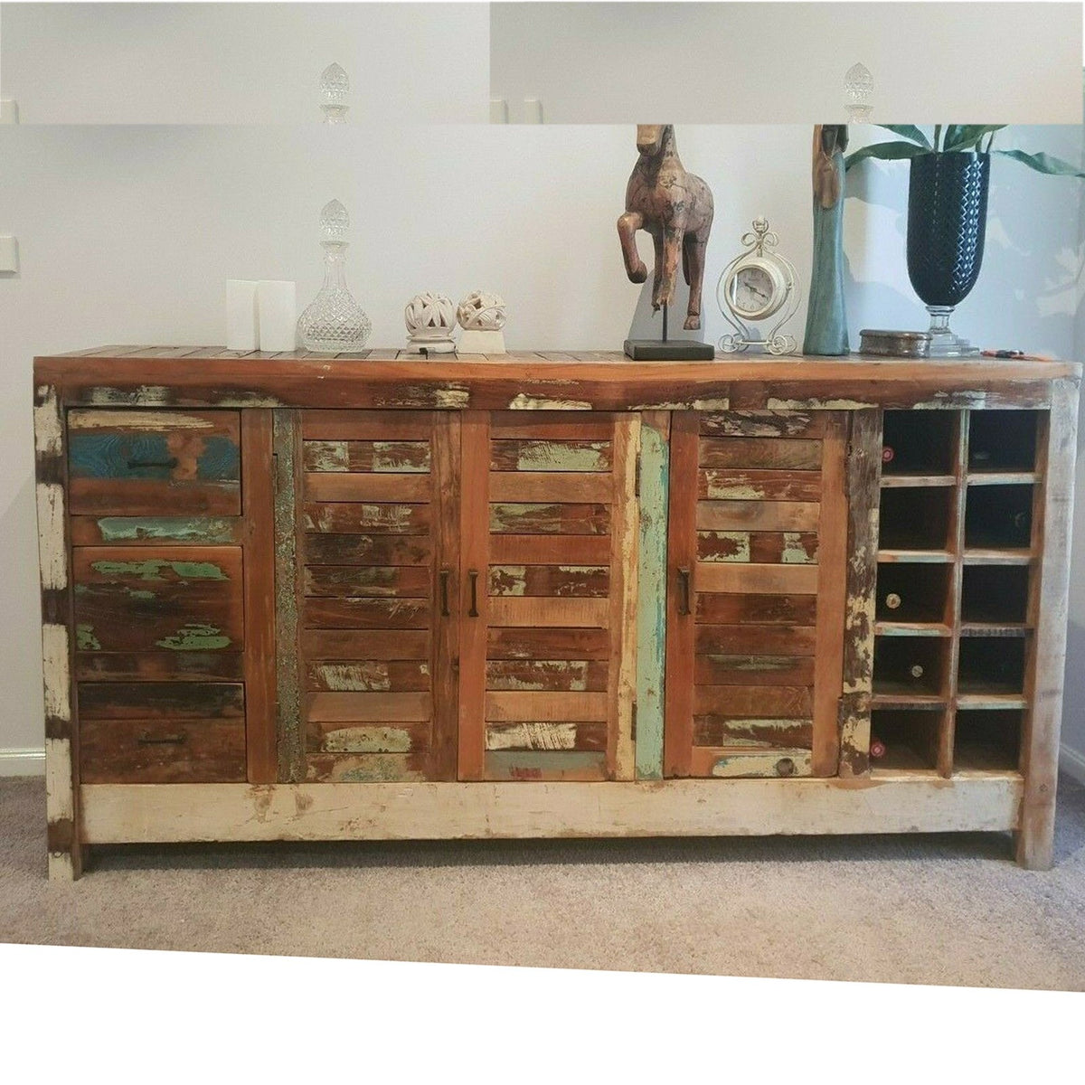 Reclaimed Wood Solid Wood 3Door & Drawer Sideboard Brown rustic 180x40x90cm