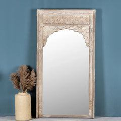 Carved Oasis Hand Carved Mango Wood Mehrab Carving Large Sized Mirror Frame Distressed