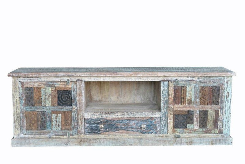 Rainbow Block Print Reclaimed boat wood Carved Panel Entertainment Unit TV Stand 200X44X66 CM