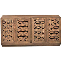 Jali Hand Carved Indian Solid Wood 4 Door Buffet Sideboard Natural