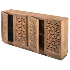 Jali Hand Carved Indian Solid Wood 4 Door Buffet Sideboard Natural