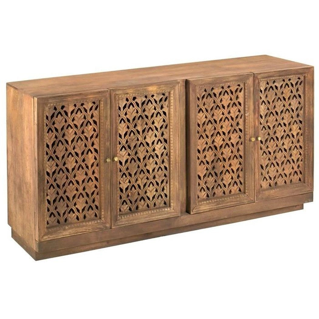 Jali Hand Carved Indian Solid Wood 4 Door Buffet Sideboard Natural