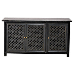 Jali Hand Carved Indian Solid Wood 3 Door Sideboard With Brass Knob Black