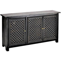 Jali Hand Carved Indian Solid Wood 3 Door Sideboard With Brass Knob Black